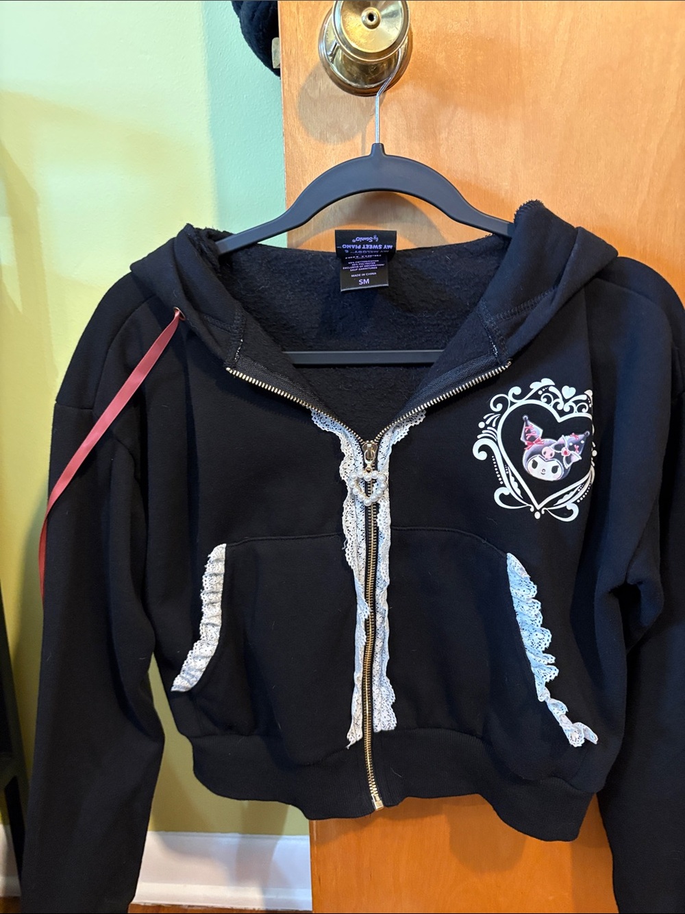 Womens Black Zip-Up Hoodie with Decorative Lace and Heart Patch